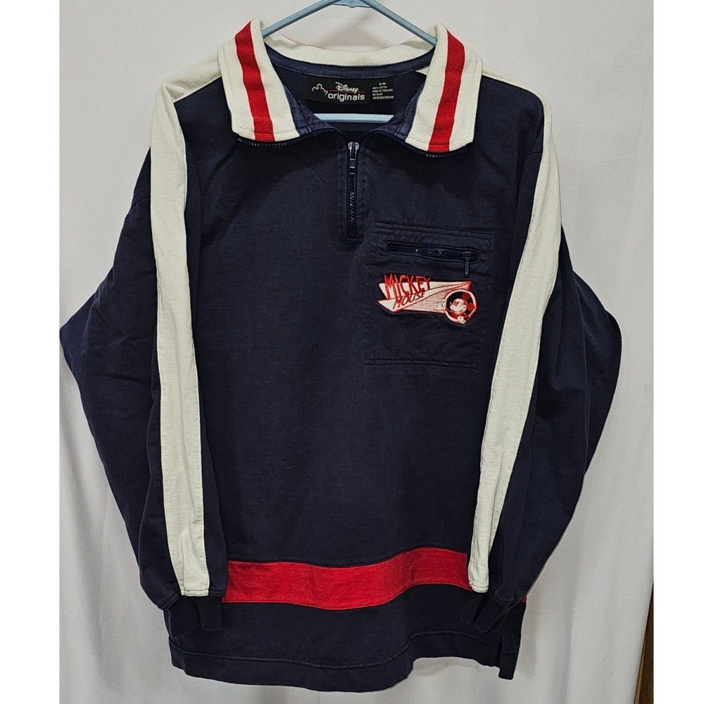Disney Originals Mickey Mouse Quarter Zip Polo Sweatshirt Navy Blue‎ Red Vintage